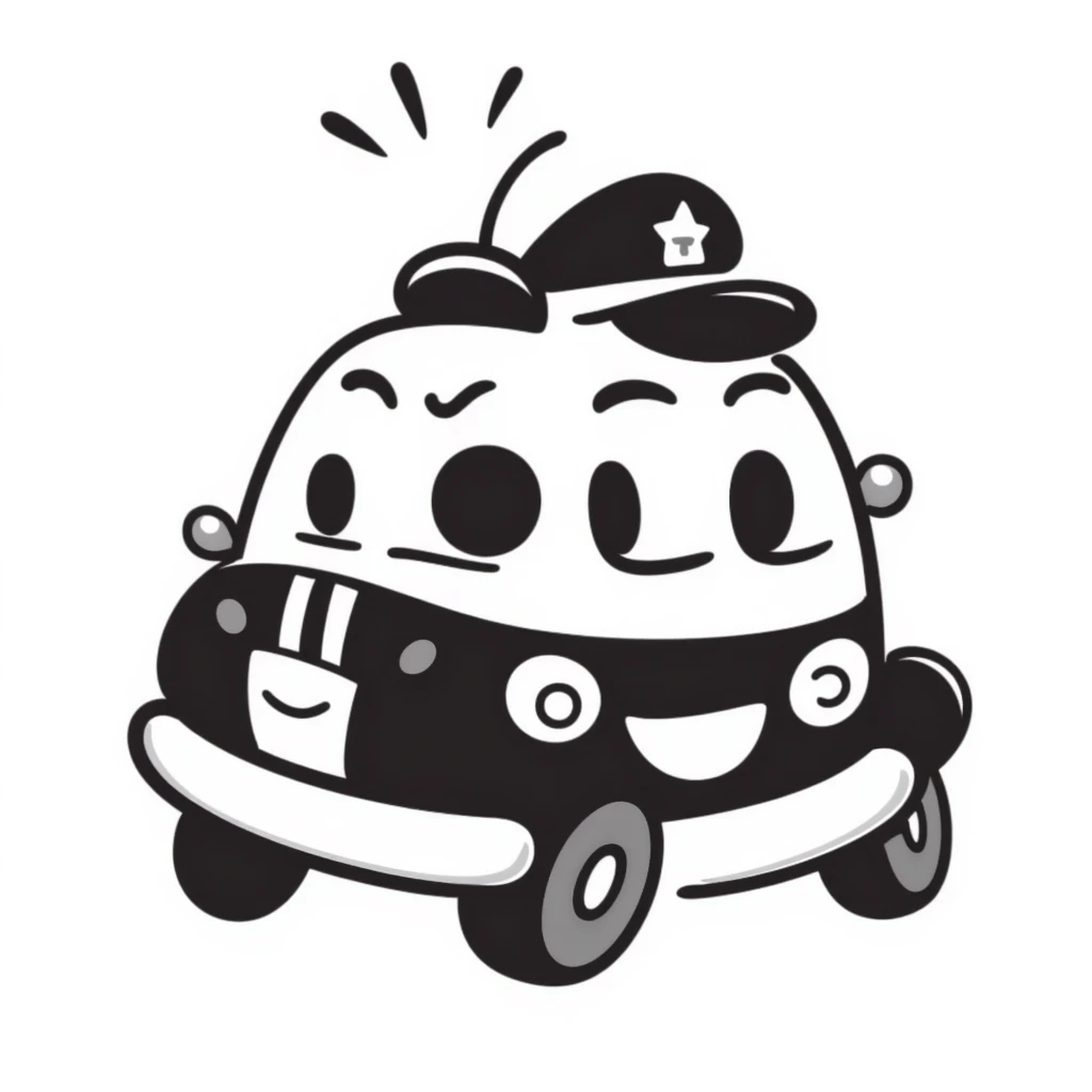 A hand-drawn police car with a determined, friendly face and a police hat emoji