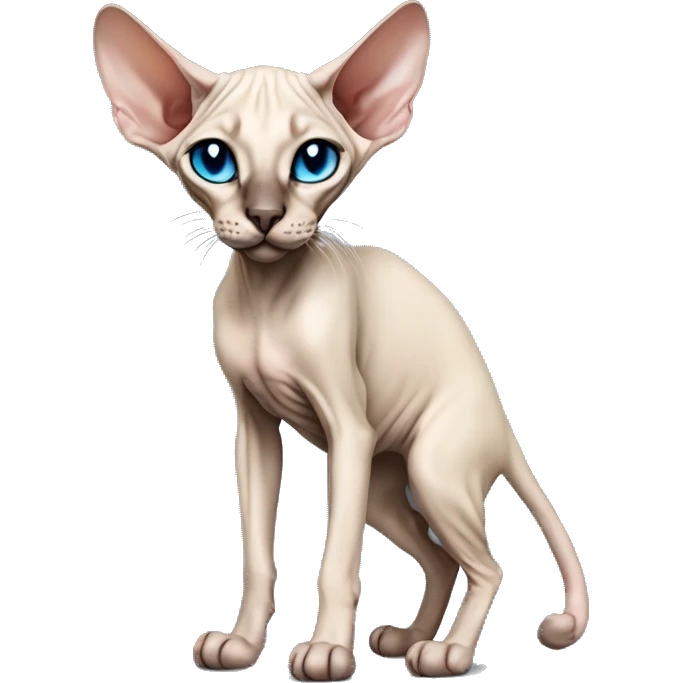 Siamese Sphynx Peterbald  cat with blue eyes, full thin body stand, black nose ears and tail emoji