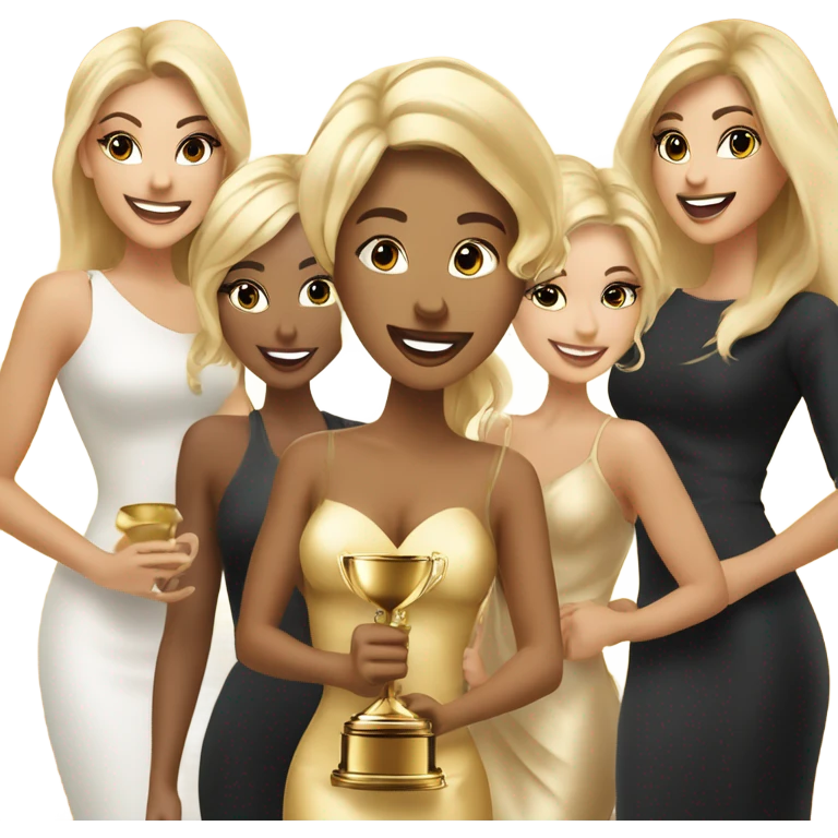 Six beautiful and elegant blonde and Latina models celebrating with 1 huge gold trophy emoji