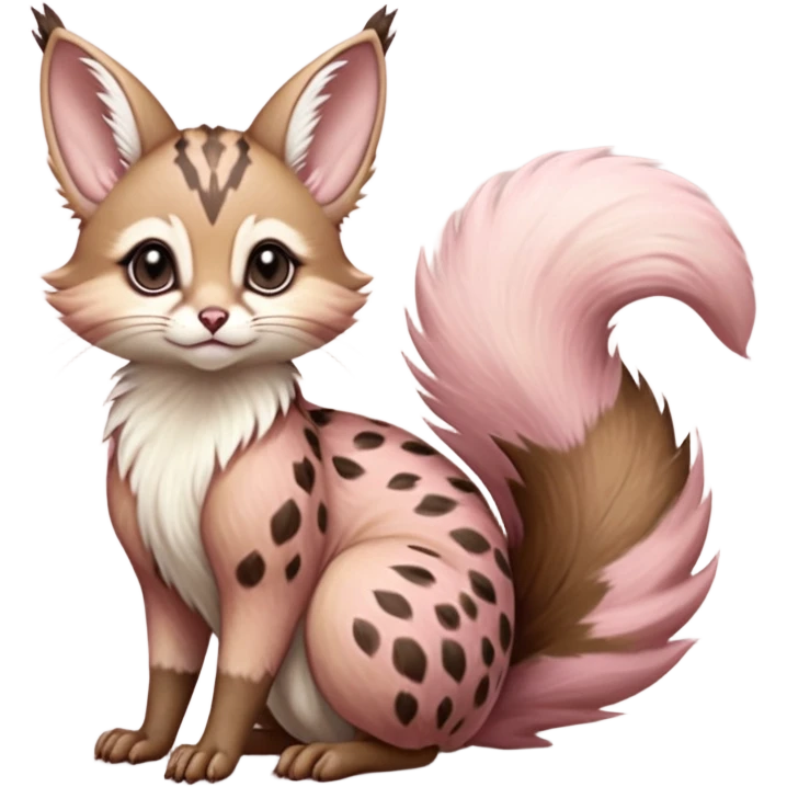brown-pointed pastel-pink soft natural realistic romantic vintage antique divine beautiful elegant pretty precious cute young youthful  Fakémon-Pokémon-alien-opossum-squirrel-feline-serval-caracal-chinchilla-Minccino-Cinccino-Meowstic-rodent-hybrid-creature with a big fluffy bushy tail (full body) emoji