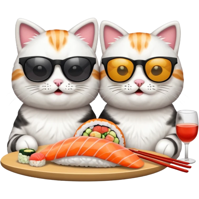 two playful cats with sunglasses, sharing sushi, emoji style emoji
