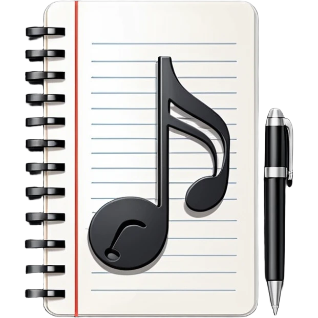 Minimalistic flat vector icon, iOS style, thin black contour on white background. Small notebook with a musical note on the cover, a pen placed next to it. Clean, modern, no text, no shadows. emoji