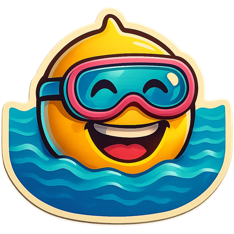 Add swimming goggles to the yellow smiling face emoji that is partially submerged in blue water with gentle waves. Keep the dynamic and fun design style consistent with the original. Maintain the transparent background. emoji