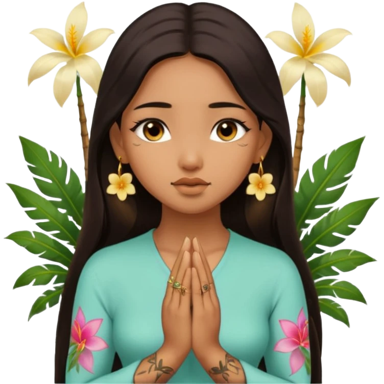 nude, no clothes, golden earrings, sexy face, flower tattoes, brown skin asian sexy girl, long dark hair, praying palms emoji