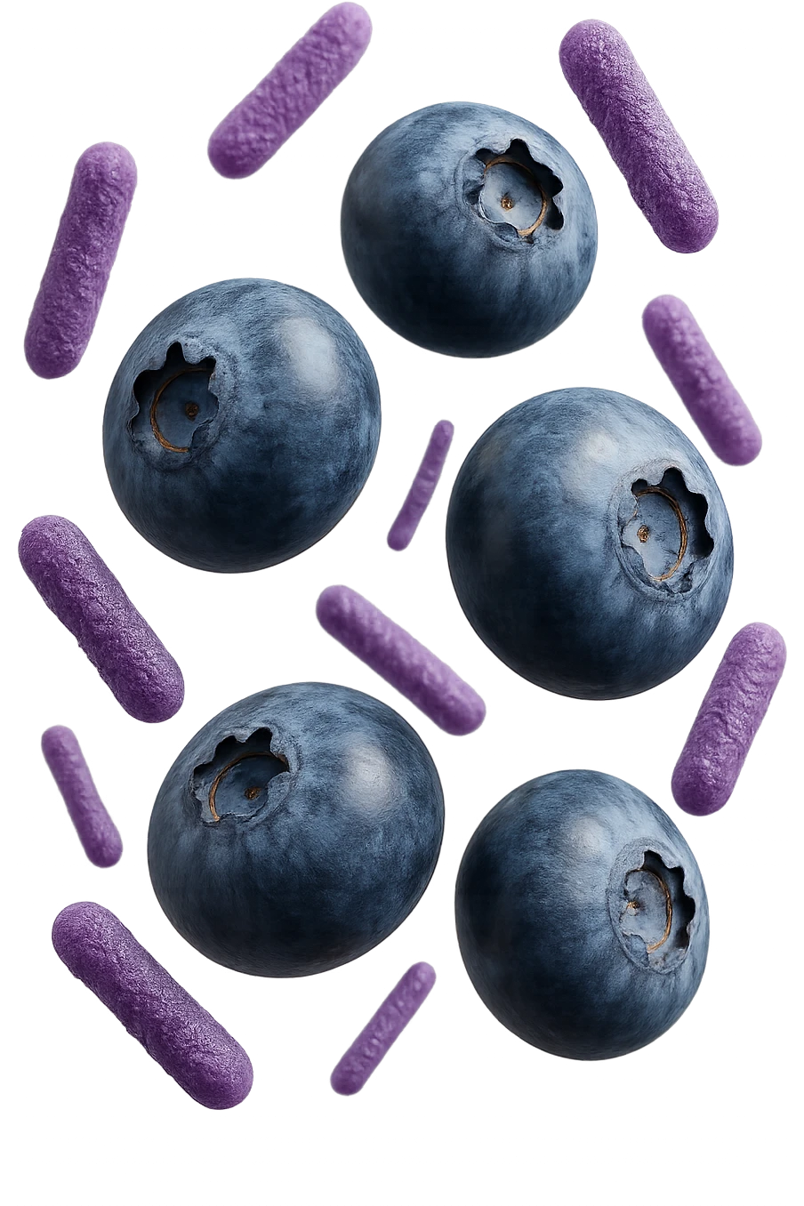 mirtilli fluttuano in aria insieme a 6 batteri intestinali viola, iperrealistico 4k emoji