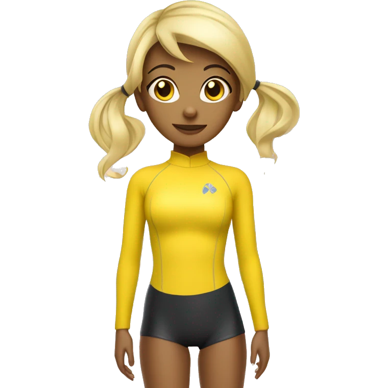 A hot and beautiful cartoon girl with blonde hair with straight bangs tied up with a pretty ponytail wearing a yellow long sleeved sleeves wetsuit emoji
