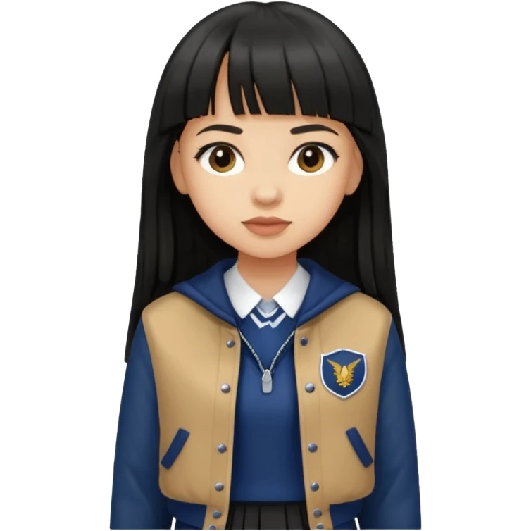 hair : black long hair with fringe 
skin : light 
cloth : brown varsity jacket + navy long long school girl skirt 


 emoji