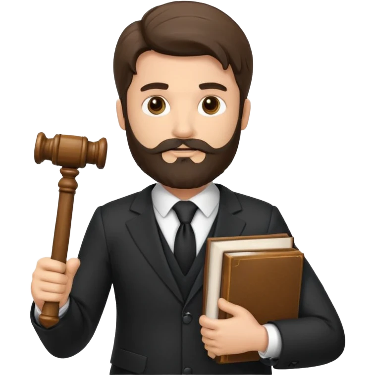 Create a male lawyer. he is wearing a fromal suit jckeret. He is holding a gavel in one hand and a book tucked under his another arm. He has beard. And the hair is kinda darker but not black. and is kinda short at the layers emoji
