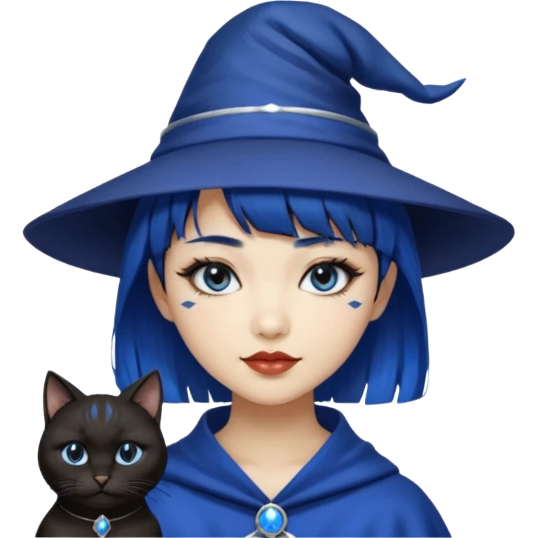 an asian short haired girl with electric blue highlighted short raven hair with bangs, with her silver left eye and dark brown right eye, with black cat eyed style eyeliner, and smirk of natural toned lipstick, with wizard hat with moon emblem on his hat. emoji