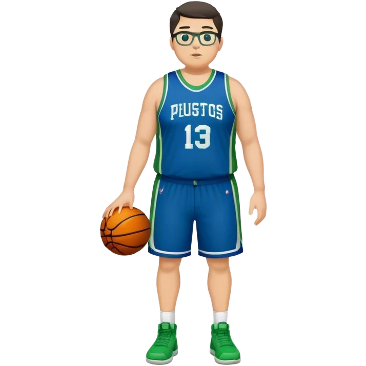 Full Body plus size white male with dark short hair basketball player wearing glasses wearing blue green uniform emoji