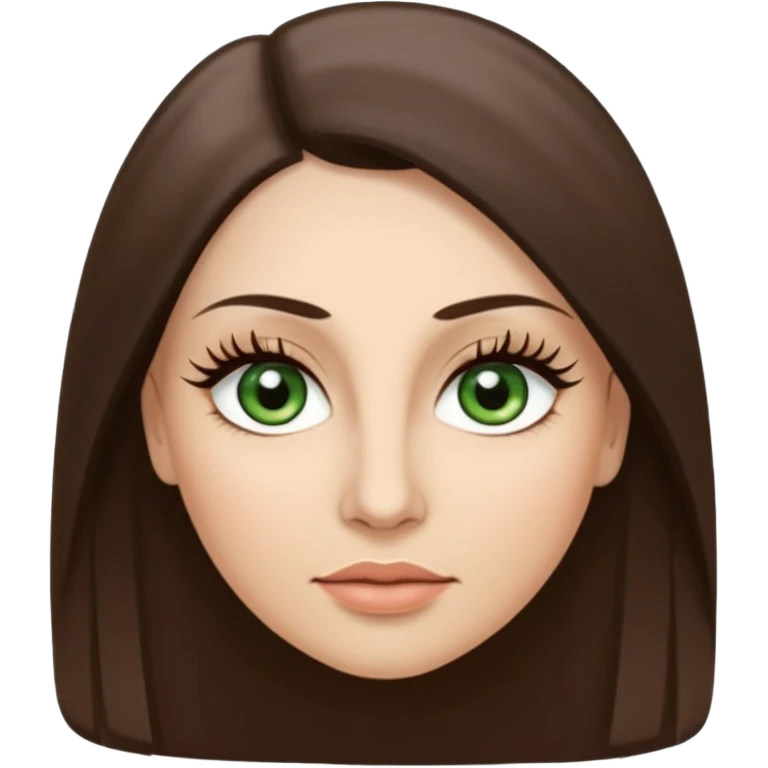 40 year old Adult woman avatar, light skin tone, oval face, long straight ashy brown hair, green almond-shaped eyes with dramatic eyelashes and minimal eyeliner, neutral mouth, medium straight eyebrows, small nose, smooth skin emoji