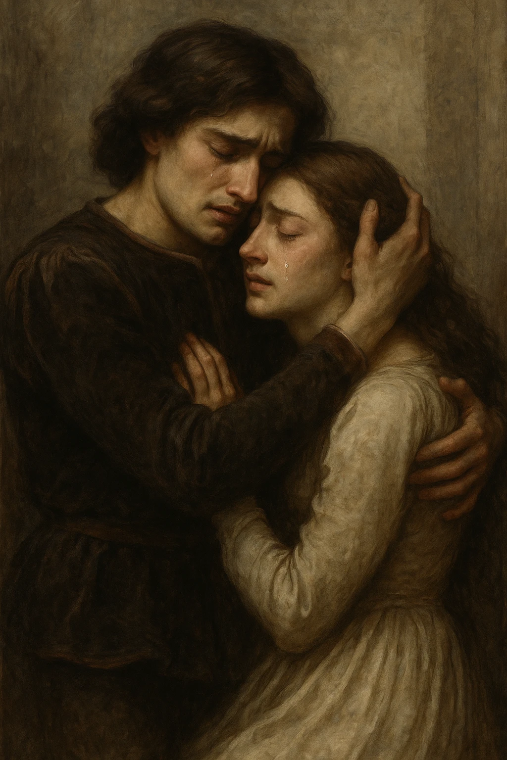 Romeo and Juliet in a tragic farewell embrace, emotional, subtle tears, muted colors, expressive and moving style emoji