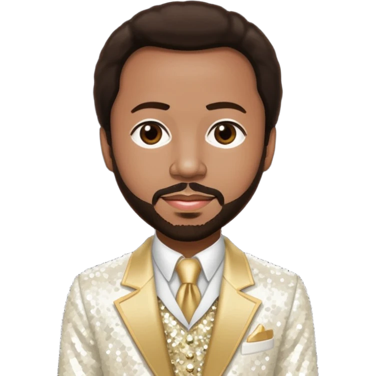 Maurice White from Earth, Wind & Fire with dark brown hair, ivory sequin outfit emoji