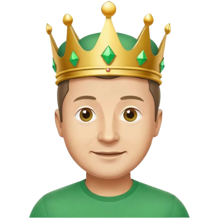 Happy Vladimir Zelensky in a green T-shirt and a shirt with a crown on his head emoji