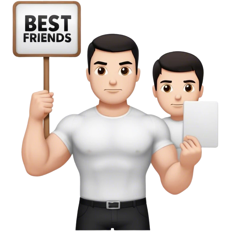 One large white muscular man with dark hair and a white shirt one and smaller white thin man wearing a black shirt each holding a sign that says best friends forever  emoji