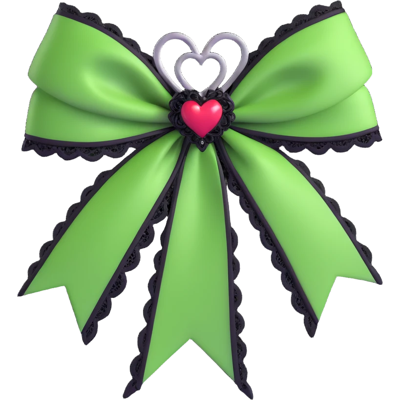 green gothic bow with black lace trim and heart charm, remove background emoji