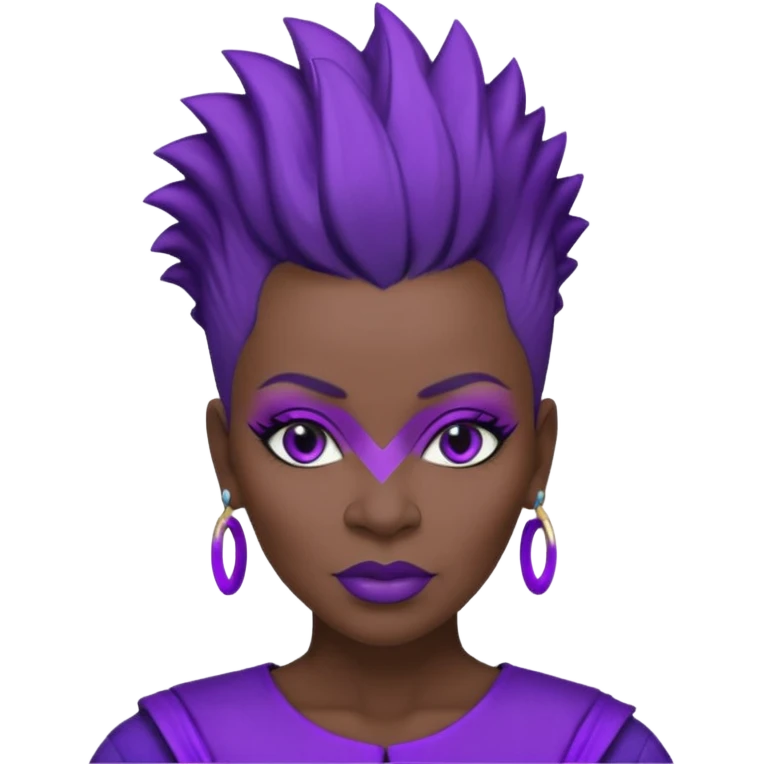 57yr old Qeen black woman with a natural hair mohawk style haircut adorning purple royalty clothing and purle lipstick and eyeshadow purple emoji