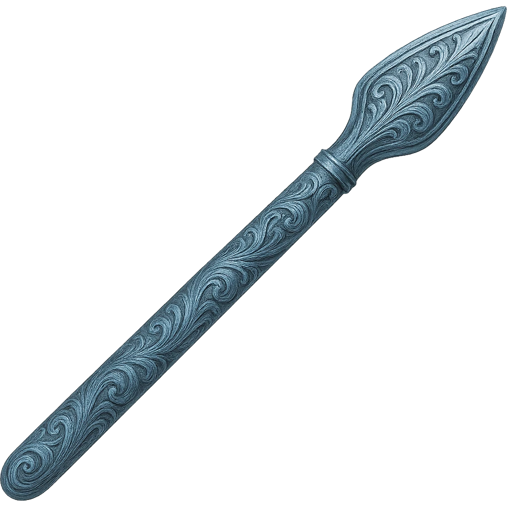 Recolor this weapon to match the blueish-gray steel color and ornate engravings of the reference helmet. Emphasize the cool metallic finish and detailed engravings, matching the helmet exactly. Transparent background. The style should reflect a cool metallic look with detailed engravings as seen in the helmet reference. emoji