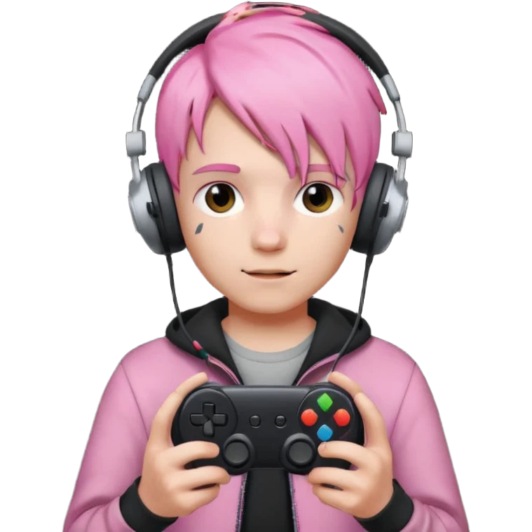 pink haired boy with headphones holding all black game controller emoji
