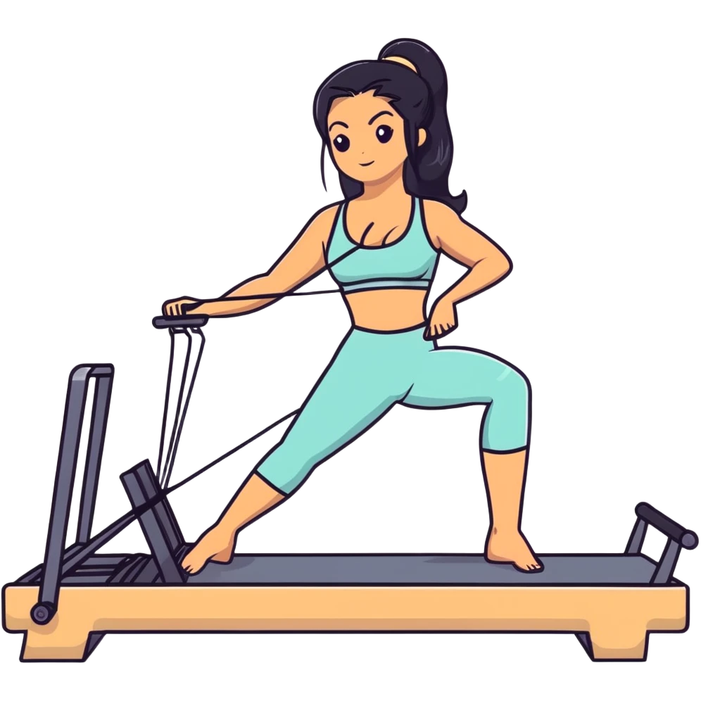 woman with bra, tanned long black hair, doing Pilates reformer emoji