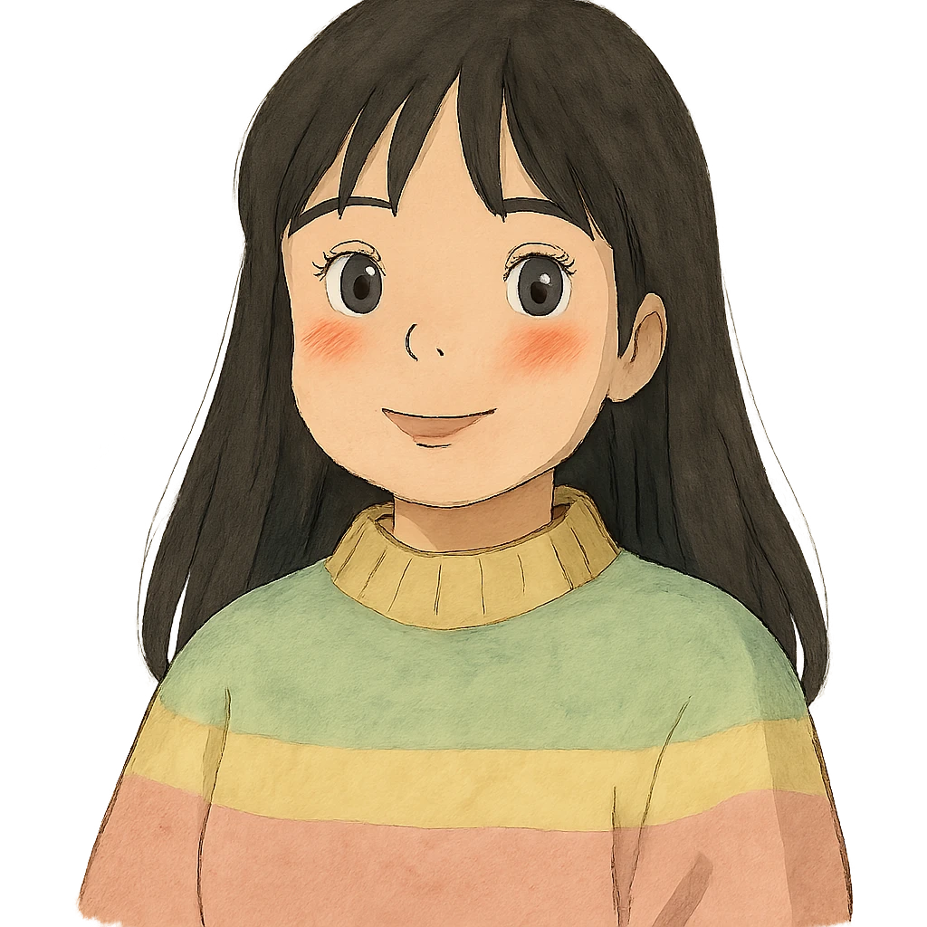 light skinned girl with round, slightly upturned brown eyes with long lashes, medium sized full blush colored lips, slightly chubby cheeks, long straight black hair, wearing a cozy pastel sweater emoji