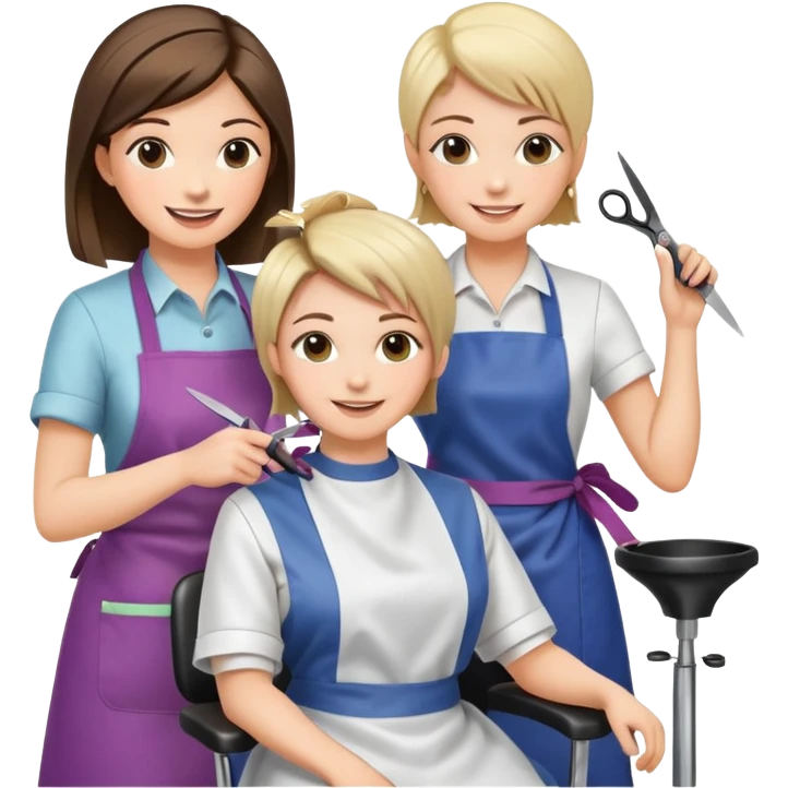 woman getting a haircut from a female hairstylist, both smiling, client sitting in chair with apron, hairstylist standing behind holding scissors emoji