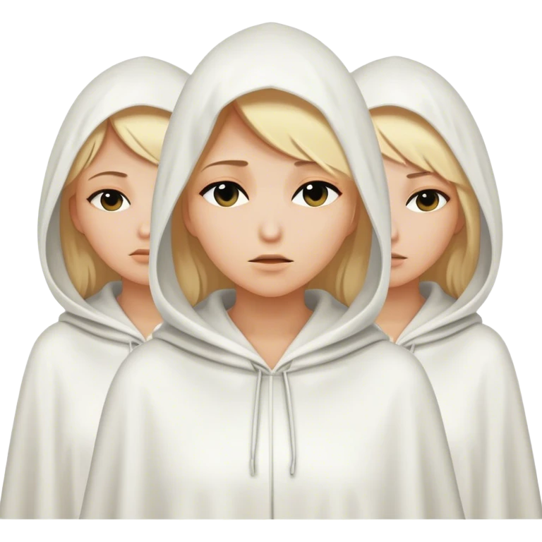 3 mysterious women with blonde hair  in white hooded cloaks that cover their eyes emoji