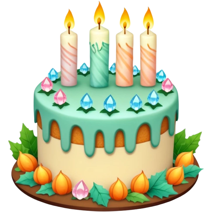 fall cake adorned with overflowing raw pastel crystals, leaves and candles emoji