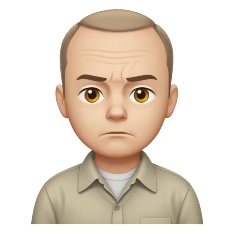 Carl from Sling Blade, serious, chin prominent, slouching, no glasses, collared shirt, side view, full body, standing, three-quarter angle, head forward, emoji style emoji