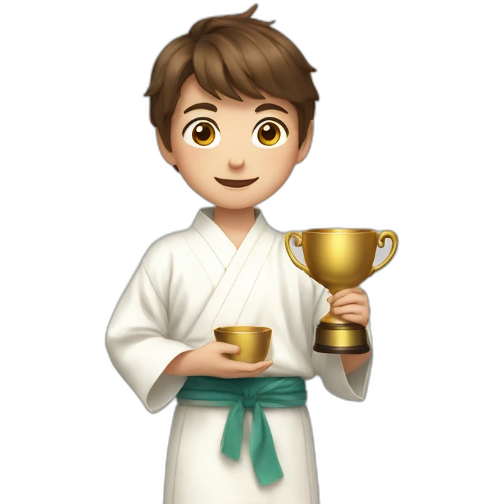a 12-year-old boy with brown hair with a prize cup in his hand in a white kimono emoji