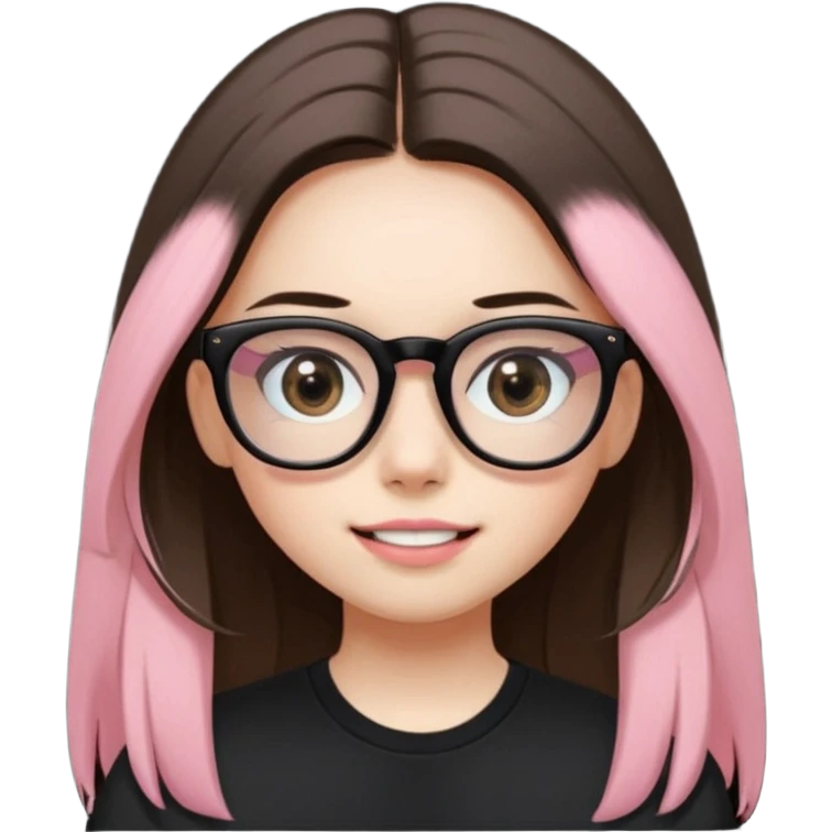 The girl with dark straight long hair, divided in the middle hairstyle, white skin, black eyes, wearing black shirt and tortoise framed glasses. The mounth is light old pink, with light smile with no teeth. emoji