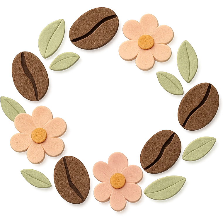coffee bean floral wreath with leaves and flowers, hand-drawn pastel design emoji