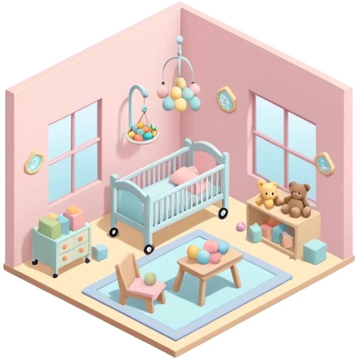 isometric baby room, Nursery with pastel walls and hanging mobile emoji