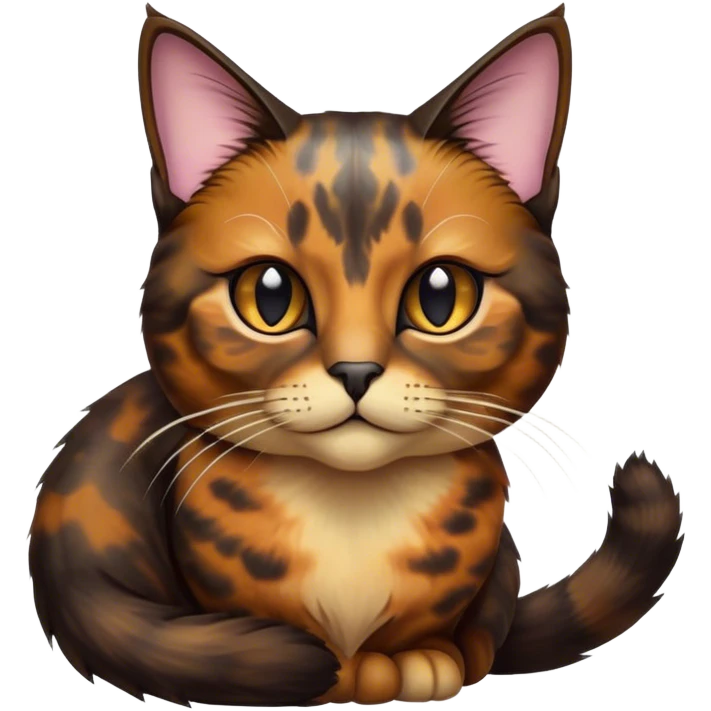 Cinematic Noble Tortoiseshell Cat Portrait Emoji, Poised and dignified, showcasing a luxurious, mottled fur of rich browns and blacks, with elegantly arched whiskers and a determined yet gentle expression, simplified yet meticulously detailed, glowing with a subtle, regal radiance, high shine, embodying quiet nobility and refined charm, soft glowing outline, capturing the essence of a sophisticated tortoiseshell cat exuding quiet authority! emoji