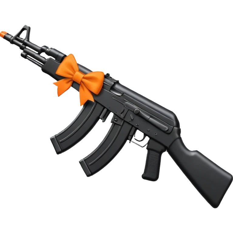 AK-47 in solid black with bright orange bows tied on, emoji art style emoji