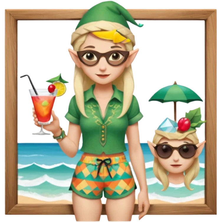 elf female legolas portrait, patterned board shorts (geometric/abstract), unique wooden-framed sunglasses, undercut hairstyle, slight smirk, visible pointy ears, no background, centered emoji, hipster summer vibe coctails with summer hat emoji