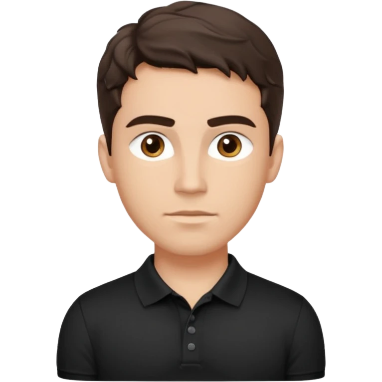 He’s a man with light to medium skin, a defined oval face, full brows, deep-set eyes, and wavy short dark brown tall hair styled with height, sides are trimmed. muscular. expression calm and focused relaxed black polo shirt. polished, articulate, and coach vibe. emoji