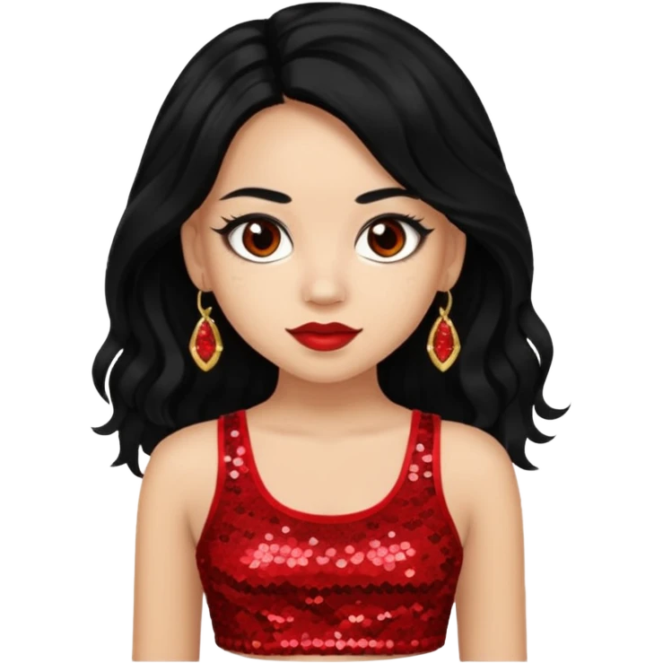 Jade from Bratz with long black hair, light skin, brown eyes, red sequin crop top emoji