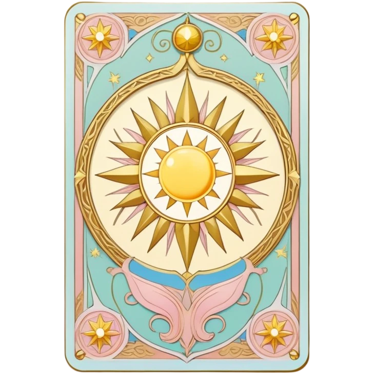 magical tarot-like card inspired by the Clow Cards from Cardcaptor Sakura. The card has ornate golden borders, a sun or moon symbol at the top, and a mysterious illustration in the center. The background is a soft, enchanted pastel tone. emoji