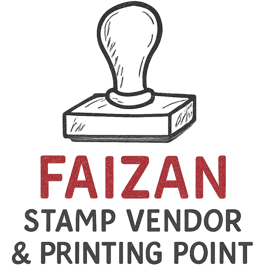 logo for 'Faizan Stamp Vendor & Printing Point', classic rubber stamp illustration, red and black colors, traditional and trustworthy look, clear business name emoji