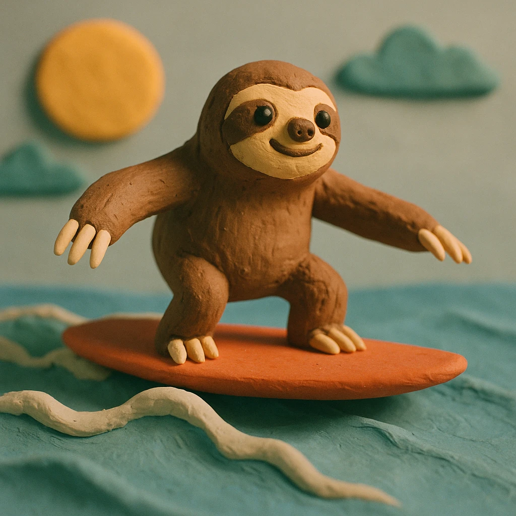 a sloth surfing, claymation style emoji