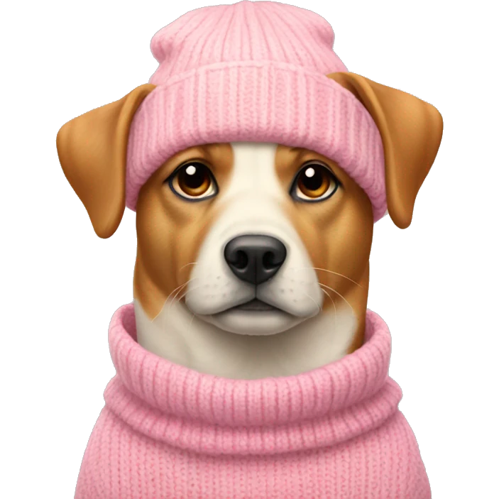 dog wearing a pink sweater wearing a cream coloured beanie  emoji