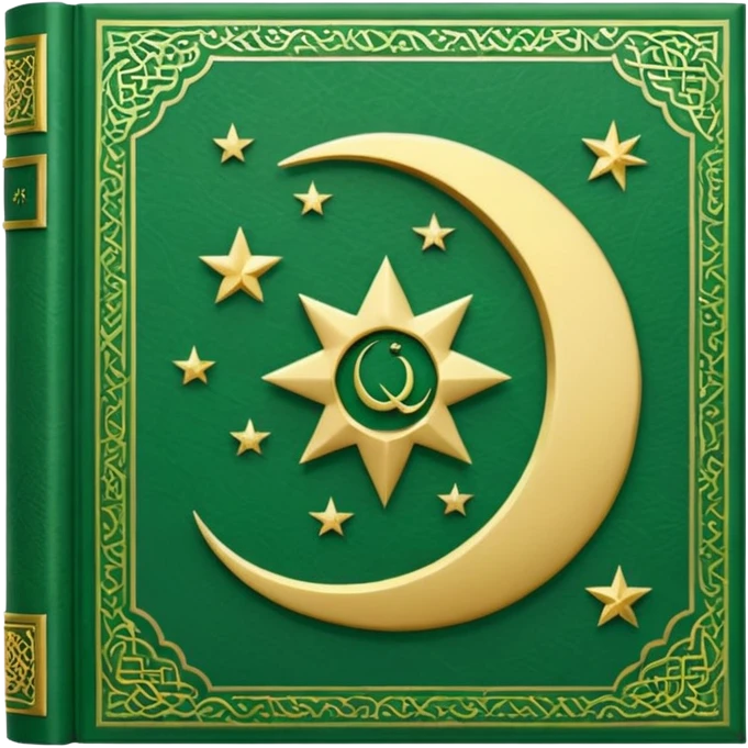 Closed Quran with the Islamic Symbol on it (moon and star) green from left to right emoji