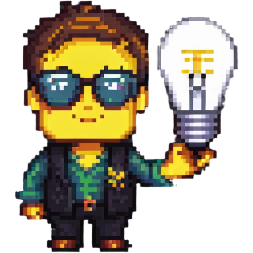 Genius character with lightbulb and glasses in pixel art style emoji