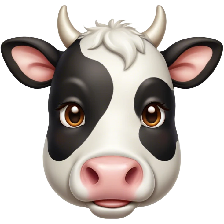 Cinematic Cute Black and White Cow Portrait Emoji, Head tilted playfully and inquisitively, featuring a glossy, contrasting coat of black and white, round, sparkling brown eyes filled with gentle curiosity, Simplified yet irresistibly adorable features, highly detailed, glowing with a warm, friendly glow, high shine, affectionate and serene, stylized with a touch of contemporary charm, bright and endearing, soft glowing outline, capturing the essence of a mischievous yet loving cow, so playful it feels like it could moo out of the screen and into your arms! emoji
