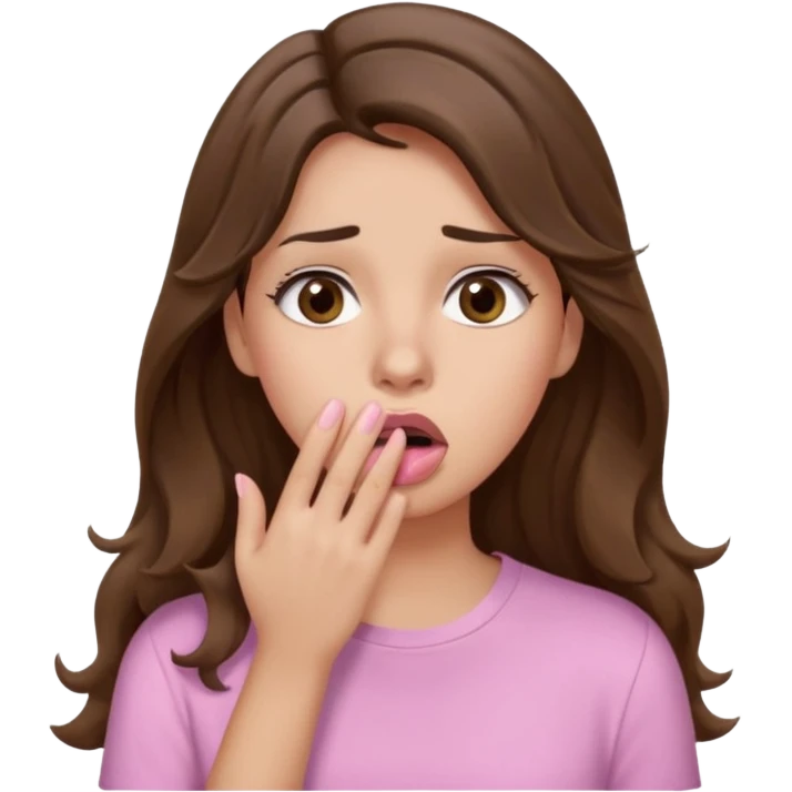 girl with wavy long brown hair, brown eyes, light to medium complexion, long lashes, light pink lipstick, wearing light pink shirt, shocked, hand covering mouth, oh no  emoji