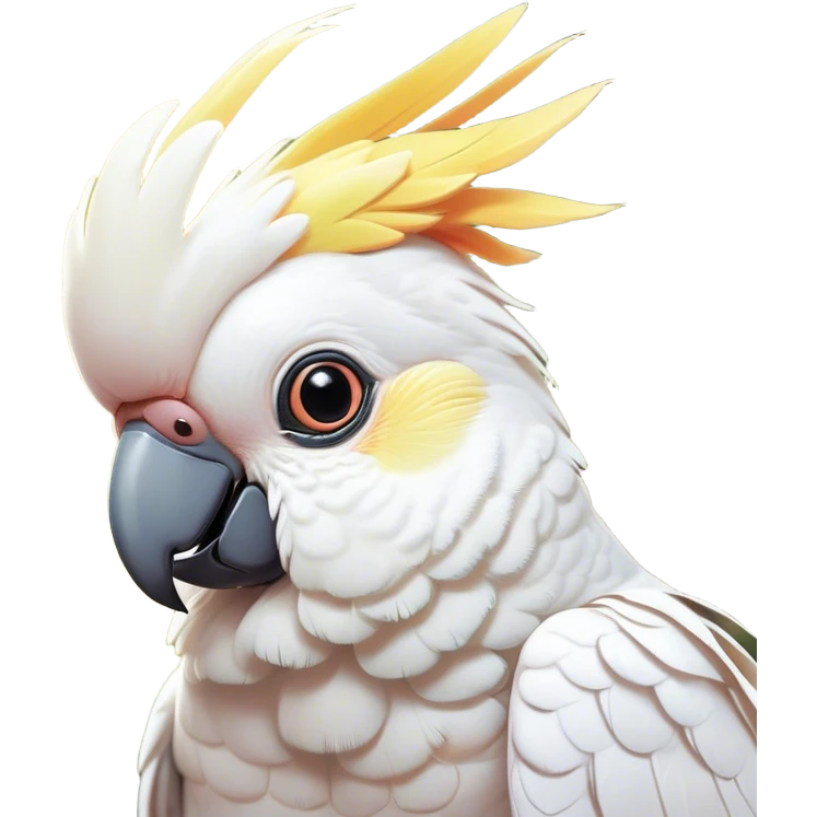 Cinematic Cute Cockatoo Portrait Emoji, Head tilted playfully and inquisitively, featuring a charming, fluffy form with a vividly colored crest, round, sparkling eyes full of playful wonder, and a soft, curved beak, Simplified yet irresistibly adorable features, highly detailed, glowing with a warm, inviting tropical glow, high shine, affectionate and lively, stylized with a touch of whimsical avian charm, soft glowing outline, capturing the essence of a mischievous yet loving cockatoo that seems as if it could flutter out of the screen into your arms! emoji