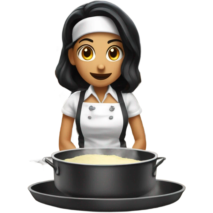 White woman with straight black hair cooking a soufflé while teaching a graduate class emoji