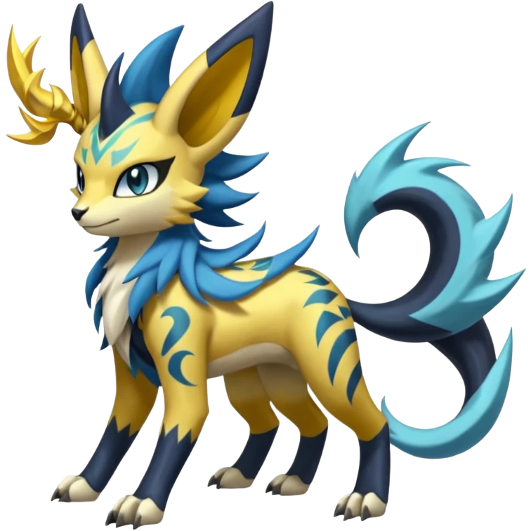 Feral Scaly Striking Slaying Badass Evil Handsome Lightning-patterned Zig-zagged buzzy fuzzy Meloetta-Renamon-Zeraora-Luxray-Cobalion-Suicune-Vernid-fusion-hybrid-creature, full body  emoji