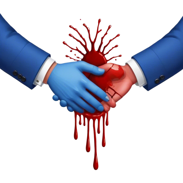 handshake, hands in blue suits, blood on one of the hands, splashes emoji